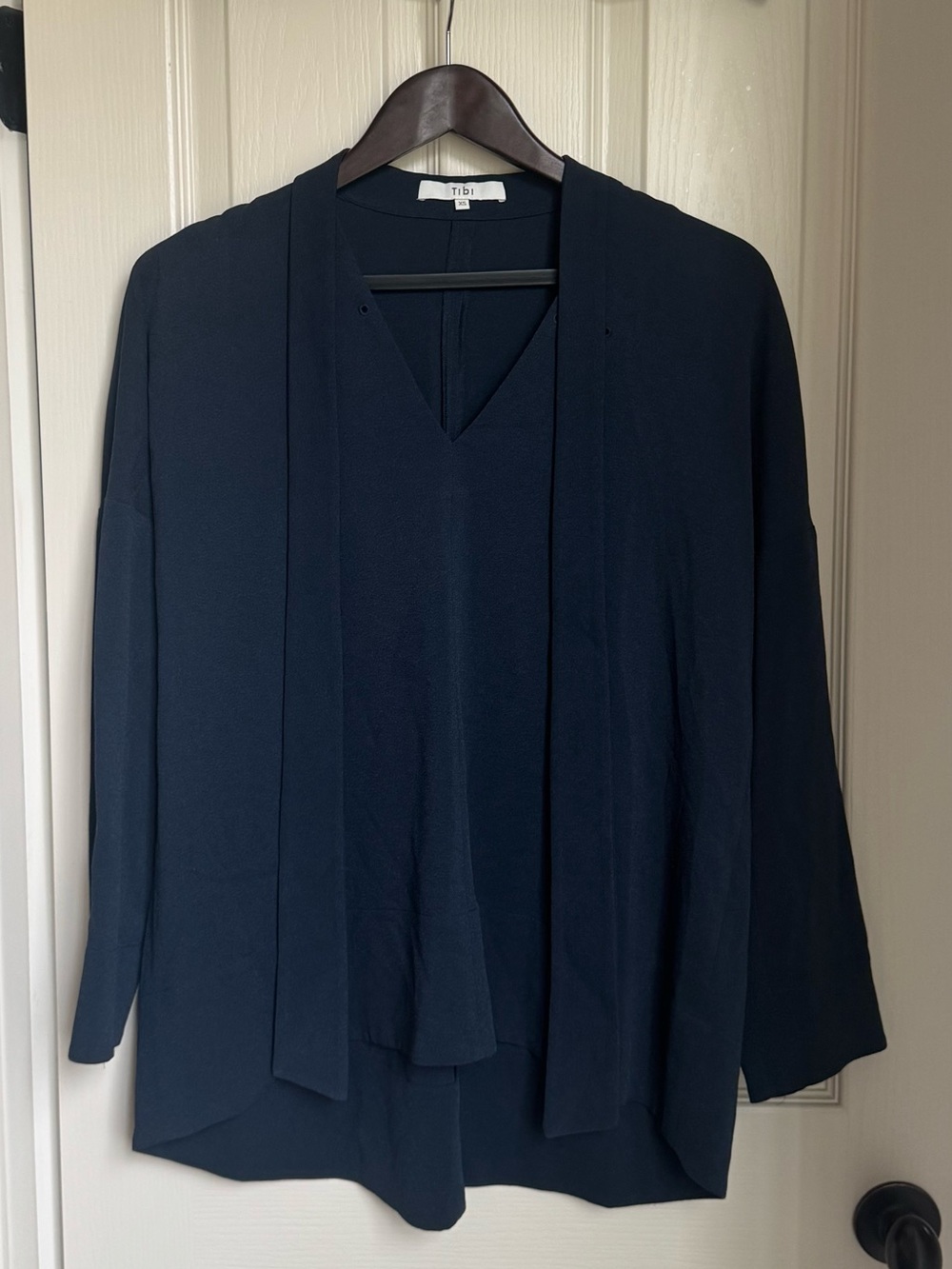 Tibi Dark Navy V-Neck Tie-Front Blouse